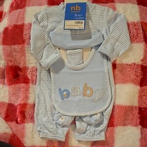 Adorable Macy's Carter's Blue Striped Baby Outfit with Bib & Bear Booties